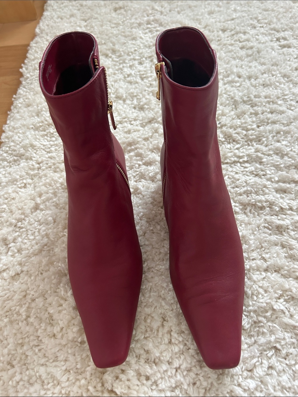Michael Kors Wine Leather Square-Toe Ankle Booties with Gold Zippers
